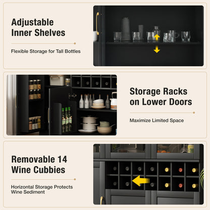 70.87'' Tall Wine Bar Cabinet with Glass Doors, Modern Liquor Cabinet with Removable 14-Bottle Wine Rack & Built-in Door Shelves, High-Capacity Home Bar Cabinet, Black70.87