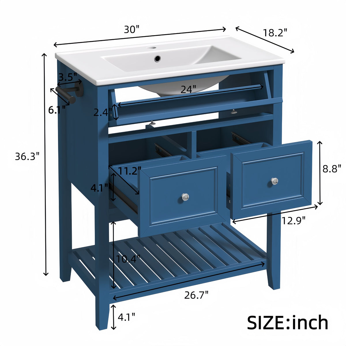 30" Navy Blue Bathroom Vanity with Ceramic Sink – Freestanding Storage Cabinet with Tip-Out Drawer, 2 Drawers & Open Slatted Shelf, Reversible Side Towel Rack, Silver Handles, MDF