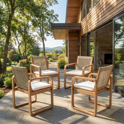 2-Piece Outdoor Dining Chairs Set: Acacia Wood with Multi Brown Rope Back & Beige Cushion, Water Repellent Fabric, 400 lbs Capacity, Light Teak Finish