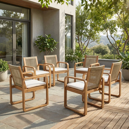 2-Piece Outdoor Dining Chairs Set: Acacia Wood with Multi Brown Rope Back & Beige Cushion, Water Repellent Fabric, 400 lbs Capacity, Light Teak Finish