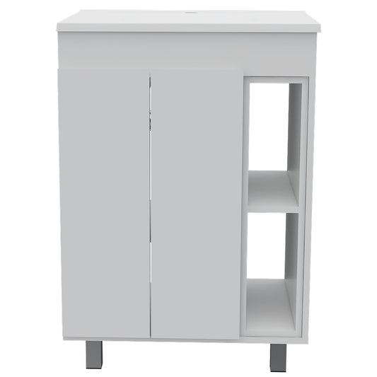 24" Meka Vanity, Two External Shelves, Double Door Cabinet -White