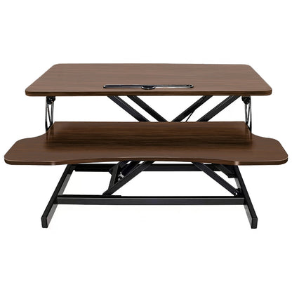 32 Inch Desk Converter, Height Adjustable Sit to Stand Riser, Dual Monitor and Laptop Workstation with Wide Keyboard Tray, Walnut Color