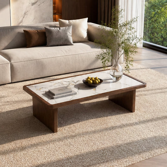 47.24" Rectangular Coffee Table with Sintered Stone Top, Wood Veneer Frame & Wide Panel Legs,Walnut Cocktail Table for Living Room
