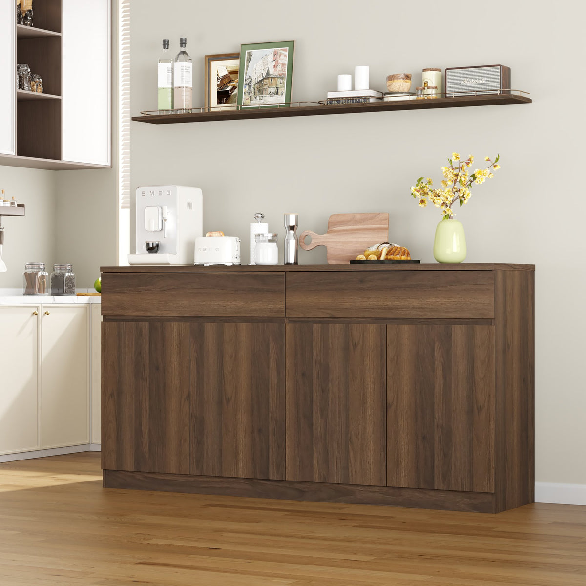 63.1" Sideboard Buffet Cabinet with Storage,Large Kitchen Storage Cabinet with 2 Drawers and 4 Doors, Wood Coffee Bar Buffet Table for Kitchen Dining Room, Walnut