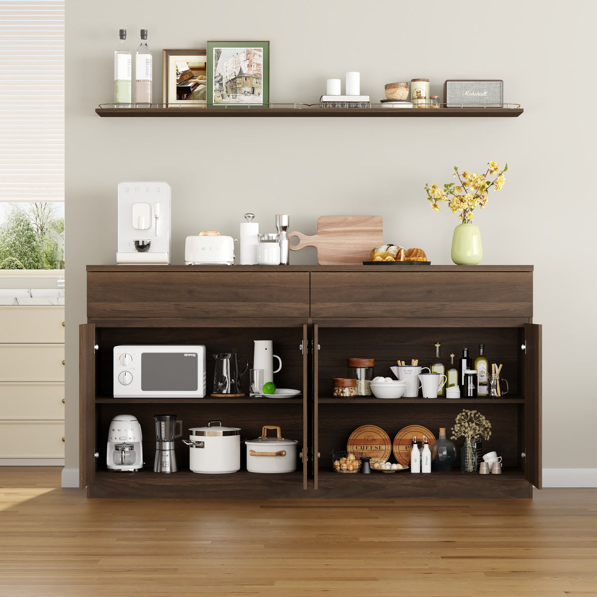 63.1" Sideboard Buffet Cabinet with Storage,Large Kitchen Storage Cabinet with 2 Drawers and 4 Doors, Wood Coffee Bar Buffet Table for Kitchen Dining Room, Walnut