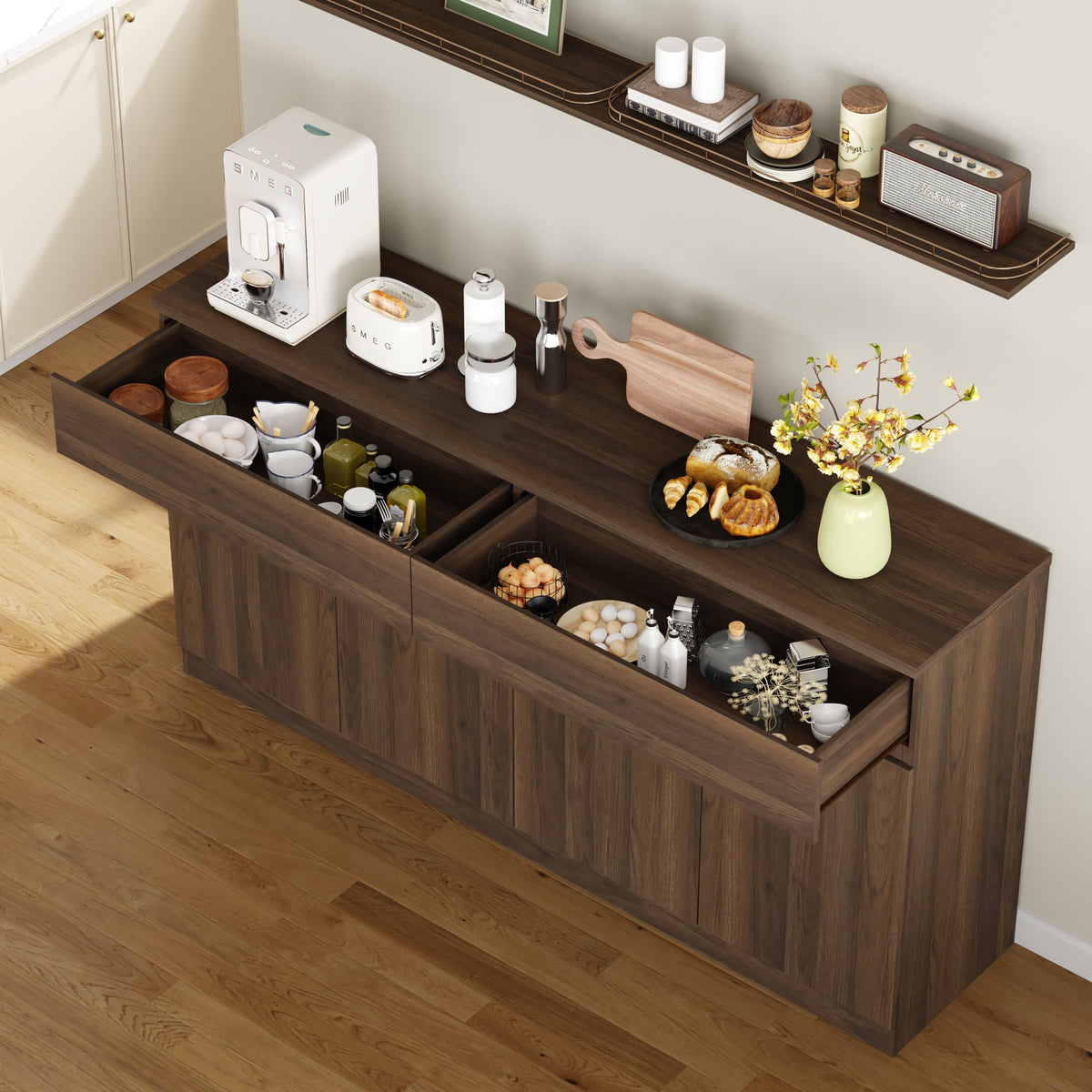 63.1" Sideboard Buffet Cabinet with Storage,Large Kitchen Storage Cabinet with 2 Drawers and 4 Doors, Wood Coffee Bar Buffet Table for Kitchen Dining Room, Walnut