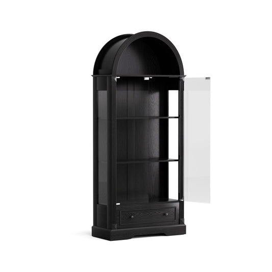 70.9"tall arched display cabinet,kitchen storage cabinet with glass doors,LED light strips, and drawers; modern farmhouse-style display cabinet suitable for the Living room, Kitchen,Dining room,Black
