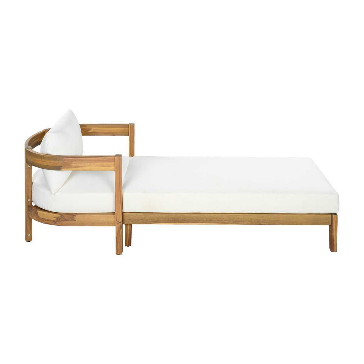 78" Acacia Wood Outdoor Chaise Lounge Chair with Curved Frame, Weather Resistant Patio Reclining Daybed with Thick Removable Cream Cushion, Single Arm Outdoor Lounger for Poolside, Backyard & Garden