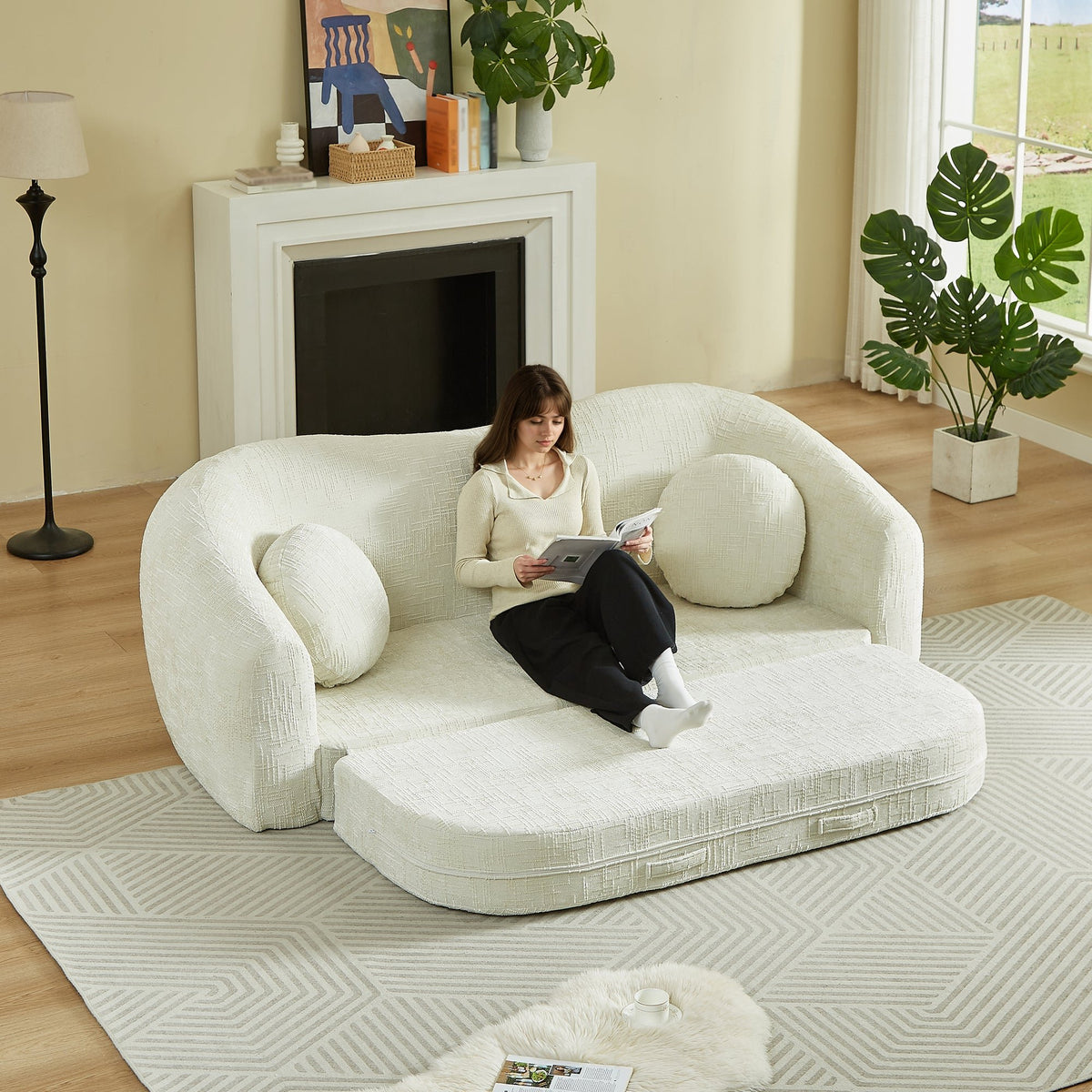 86-inch Curved Convertible Sofa Recliner, 2-in-1 Frameless Folding Sofa Bed with Pull-Out Base and Deep Seat Design, Chenille Two-Seater Reclining Sofa, No Assembly Required  beige