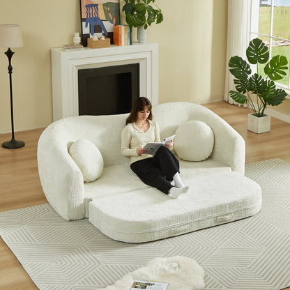 86-inch Curved Convertible Sofa Recliner, 2-in-1 Frameless Folding Sofa Bed with Pull-Out Base and Deep Seat Design, Chenille Two-Seater Reclining Sofa, No Assembly Required  beige