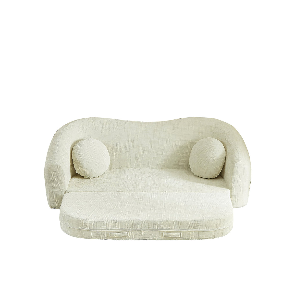 86-inch Curved Convertible Sofa Recliner, 2-in-1 Frameless Folding Sofa Bed with Pull-Out Base and Deep Seat Design, Chenille Two-Seater Reclining Sofa, No Assembly Required  beige