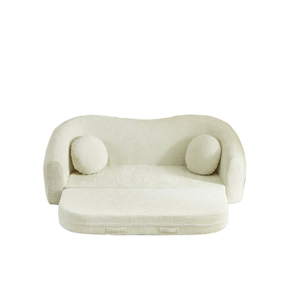86-inch Curved Convertible Sofa Recliner, 2-in-1 Frameless Folding Sofa Bed with Pull-Out Base and Deep Seat Design, Chenille Two-Seater Reclining Sofa, No Assembly Required  beige