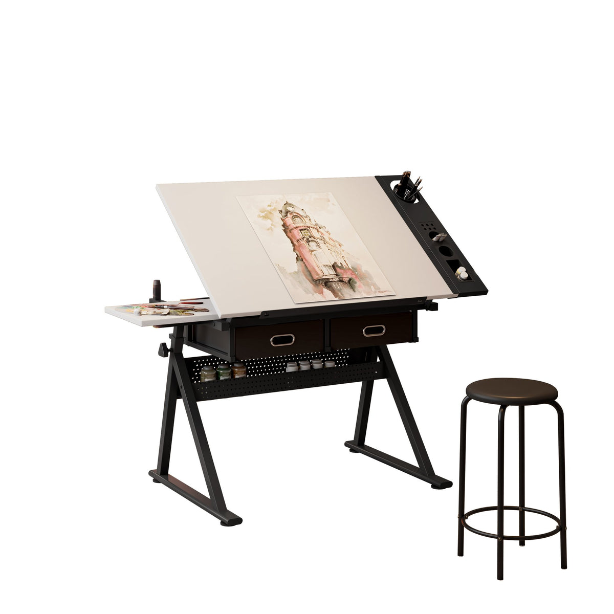 adjustable drawing drafting table desk with 2 drawers for home office and school with stool - white
