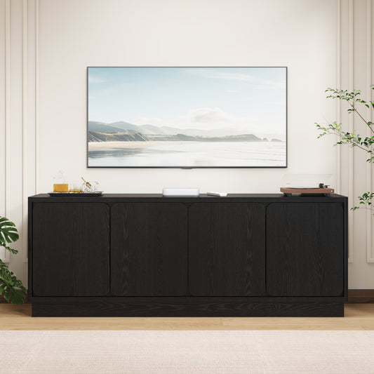 Black 63 Inch TV Stand with 4 Storage Doors, Wood Particle Board Media Console Cabinet with Cable Holes, Low Profile, Modern TV Cabinet for Living Room
