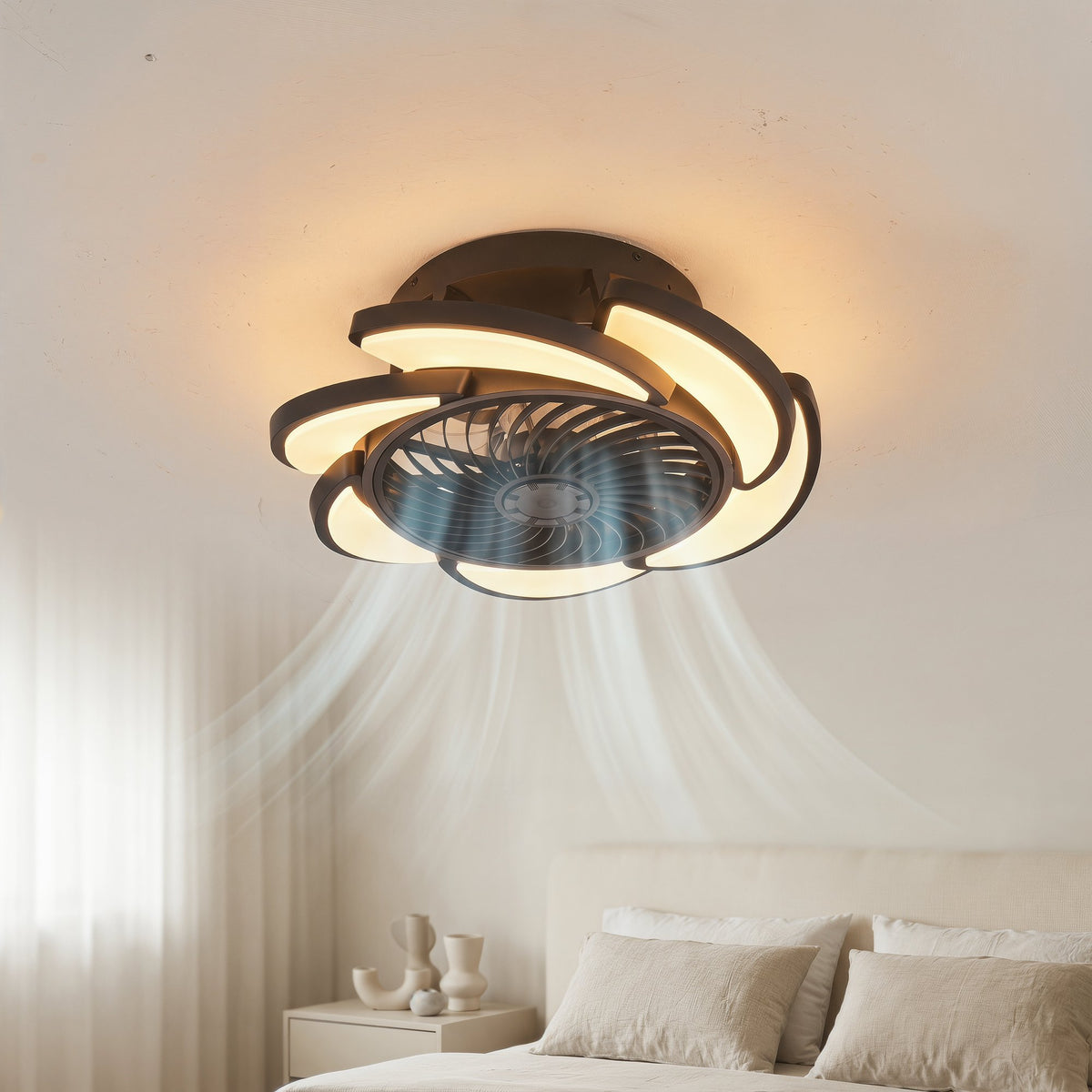Black Bladeless Ceiling Fan with Remote Control, 6 Speeds Dimmable Light, Enclosed Low Profile for Bedroom Living Room, 17-Inch