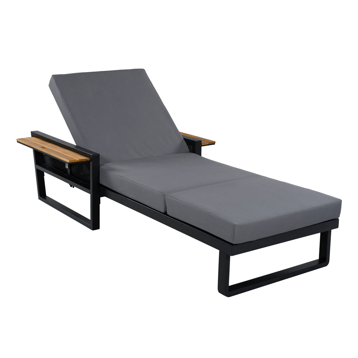 Black Iron & Teak Finish Chaise Lounge Set: 1 Frame + 1 3-Fold Dark Grey Cushion, 400 lbs Capacity, 4-Position Adjustable Backrest, 4" Thick Water-Resistant Cushion for Patio Poolside Backyard