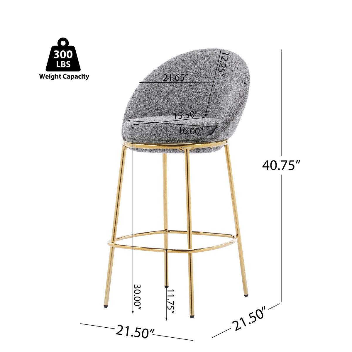 Celano Indoor Metal Upholstered Barstool, Gold-Plated Frame and Mixed Gray Upholstery, Set of 2