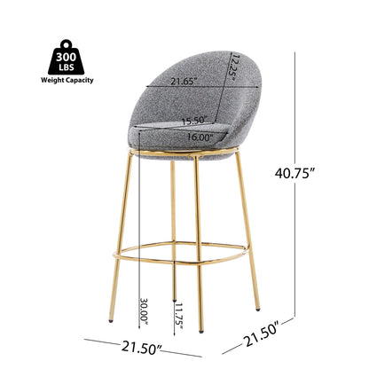 Celano Indoor Metal Upholstered Barstool, Gold-Plated Frame and Mixed Gray Upholstery, Set of 2