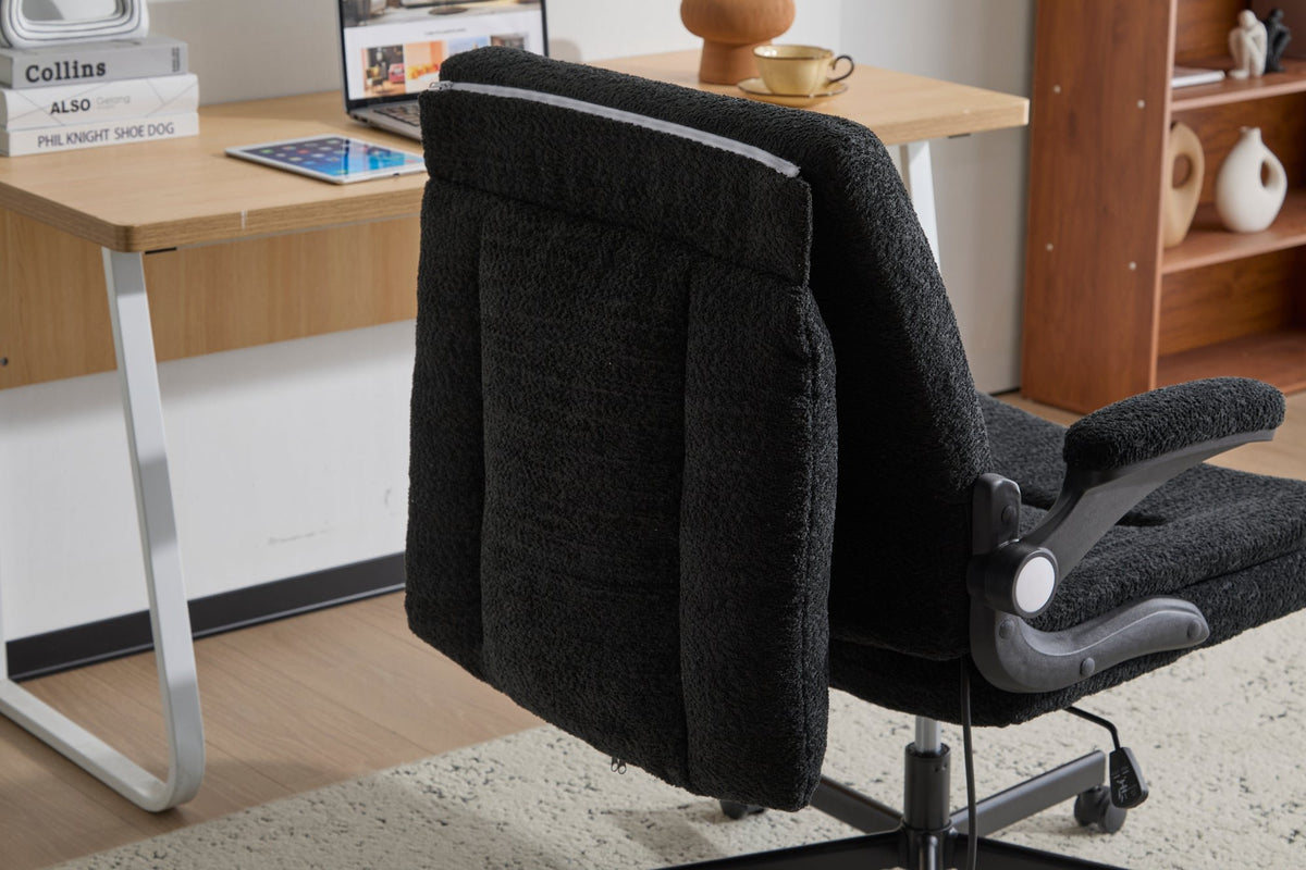 Criss Cross Legged Office Chair with Flip-Up Back Built-In Dynamic Airbag Lumbar Support, Wide Seat Desk Chair with Flip-Up Arms and Wheels, Modern Cross-Leg Chair for Home Office, Vanity, Black.