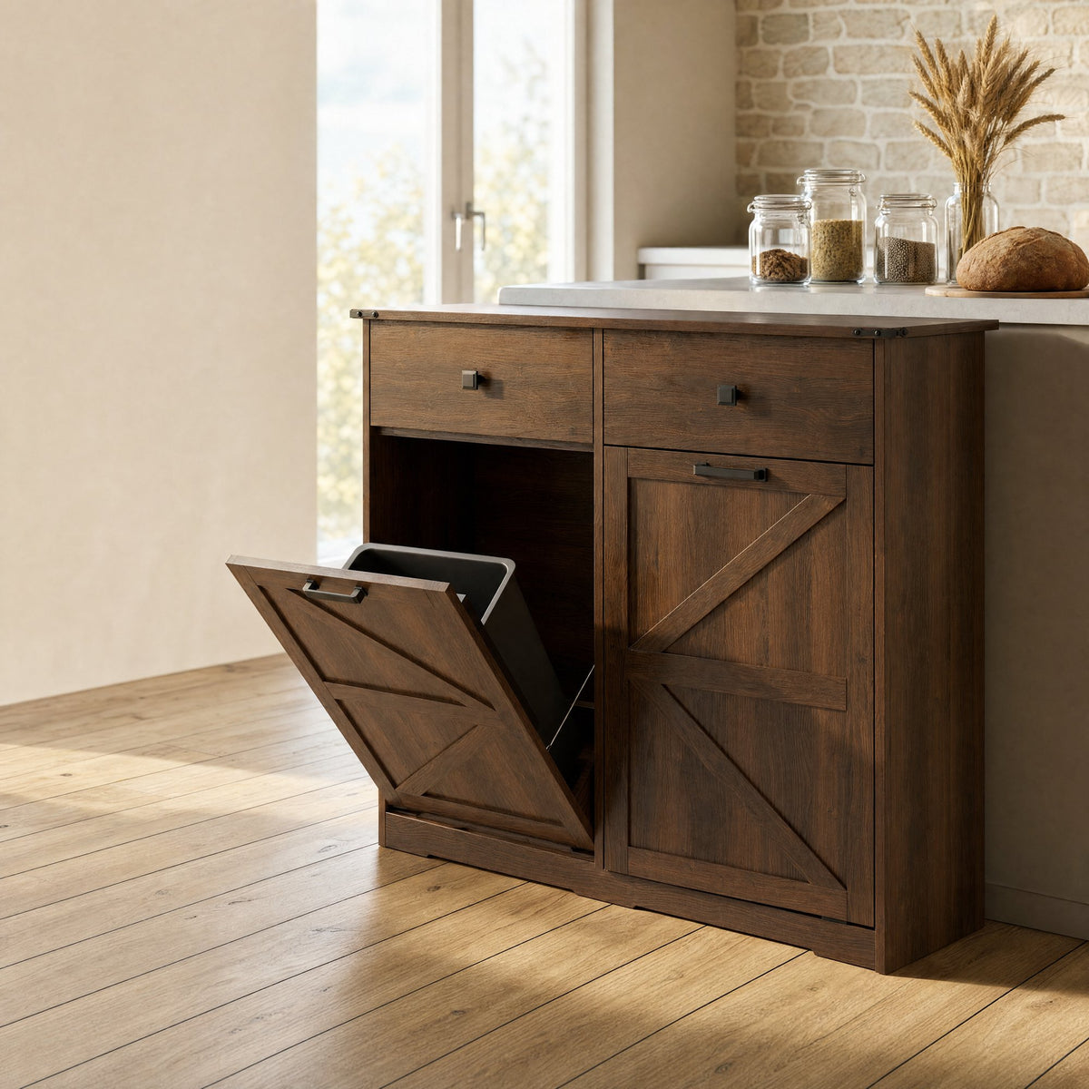 Farmhouse Double Tilt Out Trash Cabinet for 20 Gallon Trash Cans, Free Standing Recycling Cabinet with Hideaway Drawer, Barn Door Style Laundry Sorter Cabinet, Tilt Out Trash Cabinet for Kitchen