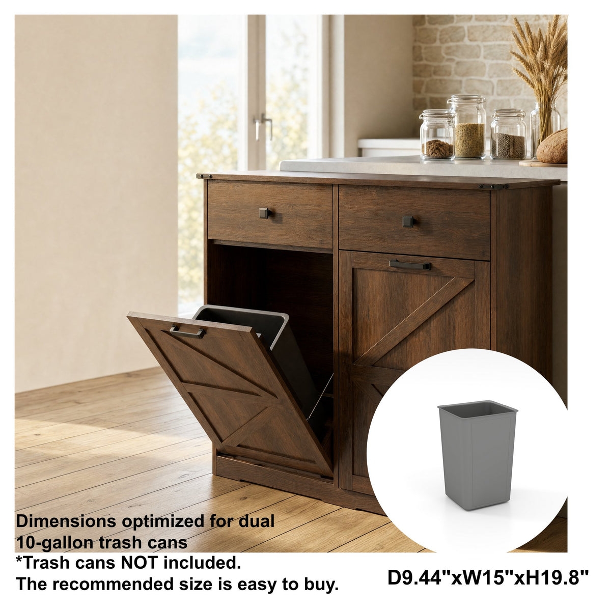 Farmhouse Double Tilt Out Trash Cabinet for 20 Gallon Trash Cans, Free Standing Recycling Cabinet with Hideaway Drawer, Barn Door Style Laundry Sorter Cabinet, Tilt Out Trash Cabinet for Kitchen