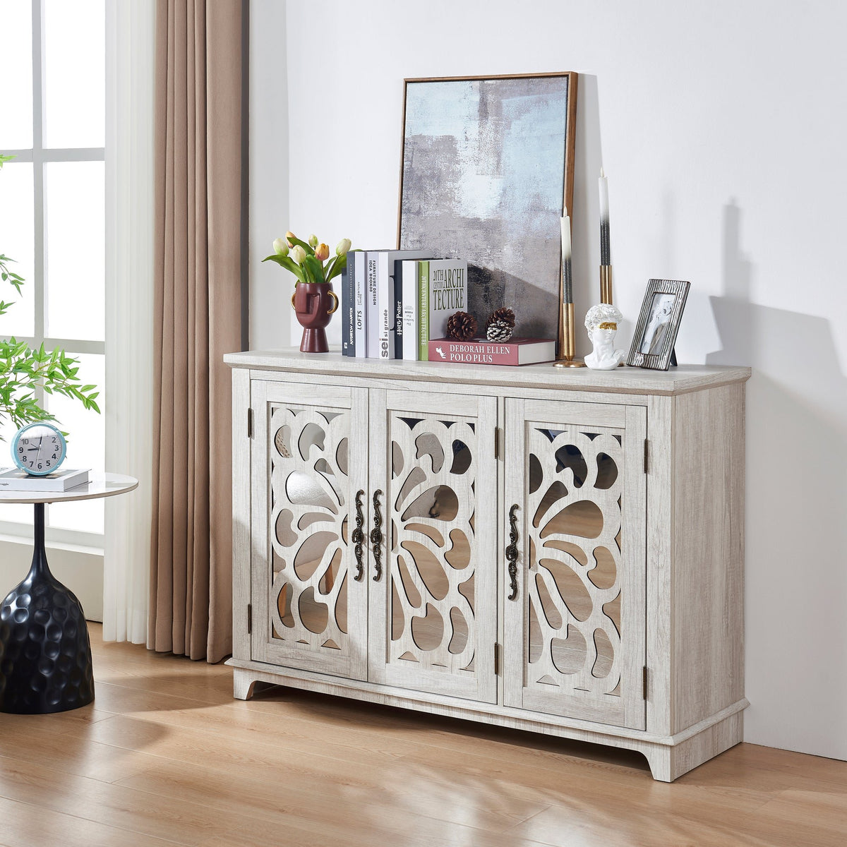 Freestanding Accent Storage Cabinet, MDF Sideboard Buffet Cabinet, Acrylic Mirror Carved Doors, Adjustable Shelf, Spacious Countertop, Anti‑Tip Straps, Easy Assembly for Living Room Hallway Kitchen