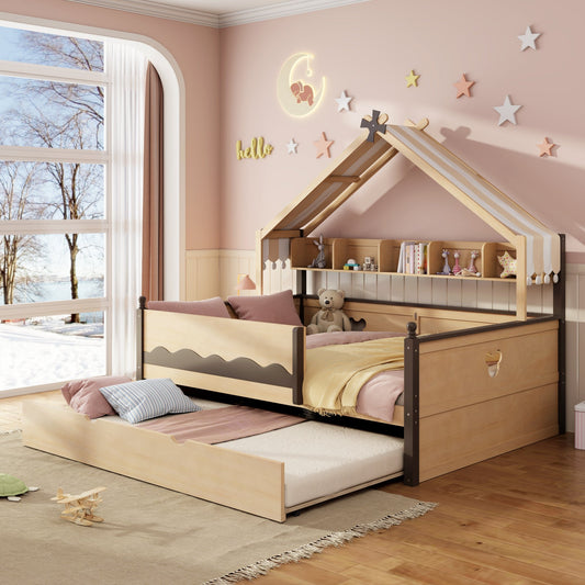 Full Size House-Shaped Daybed with Built-In Bookshelf, Natural+Espresso