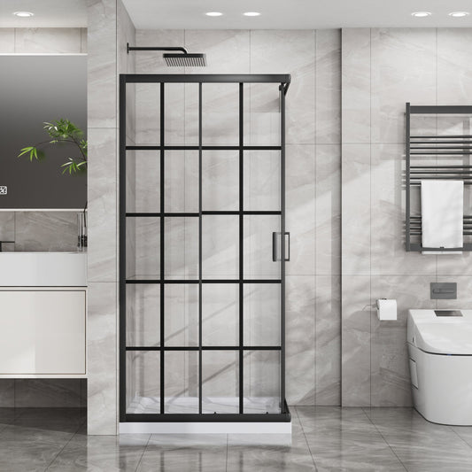Goodyo Corner Shower Door 36 in.D x 36 in. W x 72 in. H, Shower Enclosure with 1/5 in. Clear Tempered Glass Panels with French Grid, Dual Sliding Opening, Matte Black