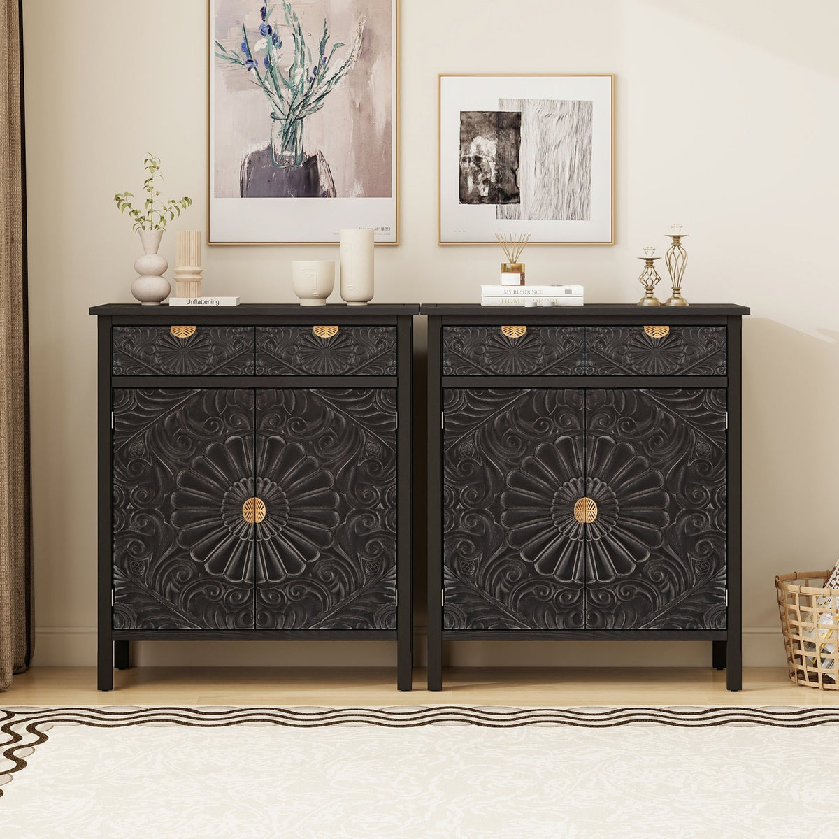 Hand-Carved Accent Cabinet, Black Wooden Storage Cabinet with Drawer & Doors, Floral Embossed Sideboard with Gold Handles for Entryway, Living Room, 14.97"x31.5"x36.82"