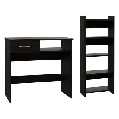 Home Office Set, Two Parts Set, One Drawer, Desktop, Keyboard Tray, Stand, Five Shelves, Black