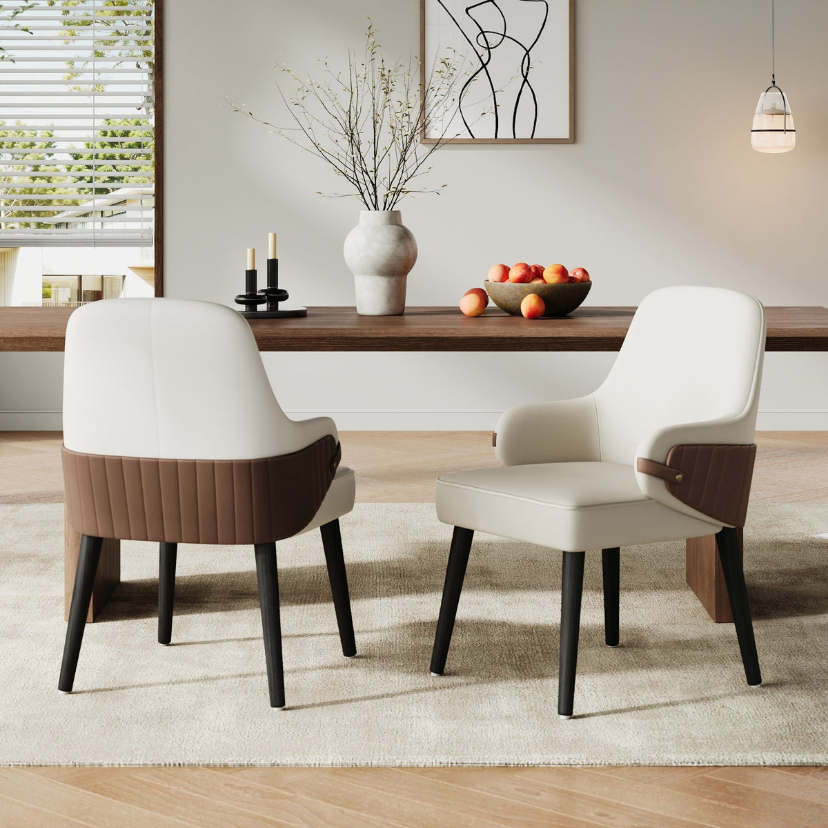 Indoor Dining Chair Set of 2, Beige & Brown Two-Tone Fabric Armchair with Sturdy Frame, Modern Accent Chair for Dining Room/Living Area, 300lbs