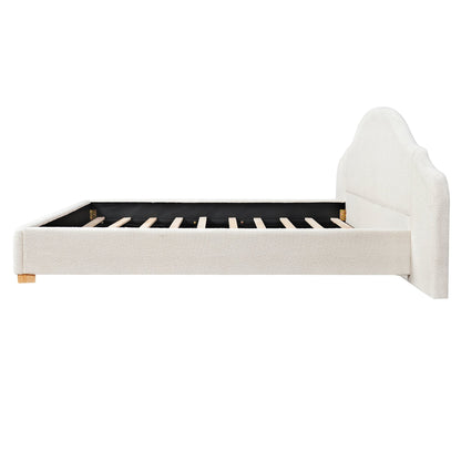 King Size Upholstered Bed Frame Wide & Curved Thick Headboard, Solid Rubber Wood Legs, Cream White