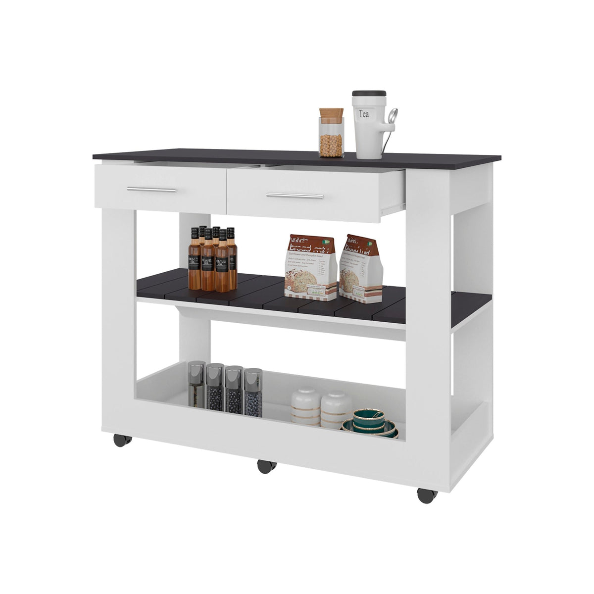 Kitchen island  with Open Storage and 3 Shelves, White