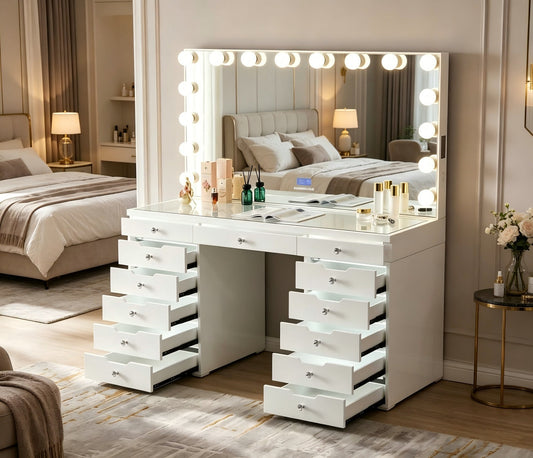 Large Hollywood Makeup Vanity with LED Lighted Mirror, 13 Drawers & Glass Tabletop, Dressing Desk for Women