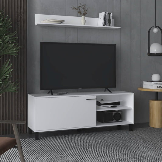 Living Room Set,, Tv Stand + Wall Shelf, 1 Door, 3 Shelves, White