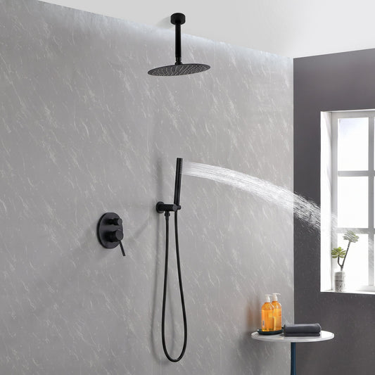 Matte Black Shower System, Ceiling Mount 12 inch Round Rain Shower Head with Handheld Spray, Shower Faucet Combo Set with Rough-in Valve Body and Trim Kit Included