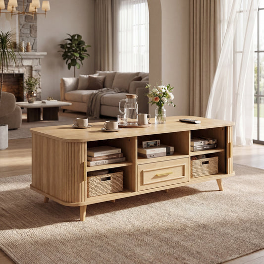 Mid-Century Modern Coffee Table with Storage: Natural Wood Finish, 2 Doors & 1 Drawer, For Living Room, Entertainment Center, Home Theater