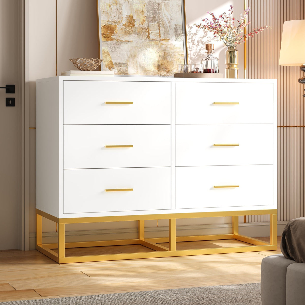 Modern 6 Drawer Dresser with Gold Metal Legs, Large Storage Chest of Drawers for Bedroom, Contemporary Wood Cabinet with Gold Handles, High-gloss White Finish