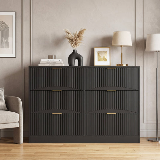 Modern 6-Drawer Dresser, Chest of Drawers, and Entryway - Large Storage Cabinet, Black, Drawer panel with wavy patterns