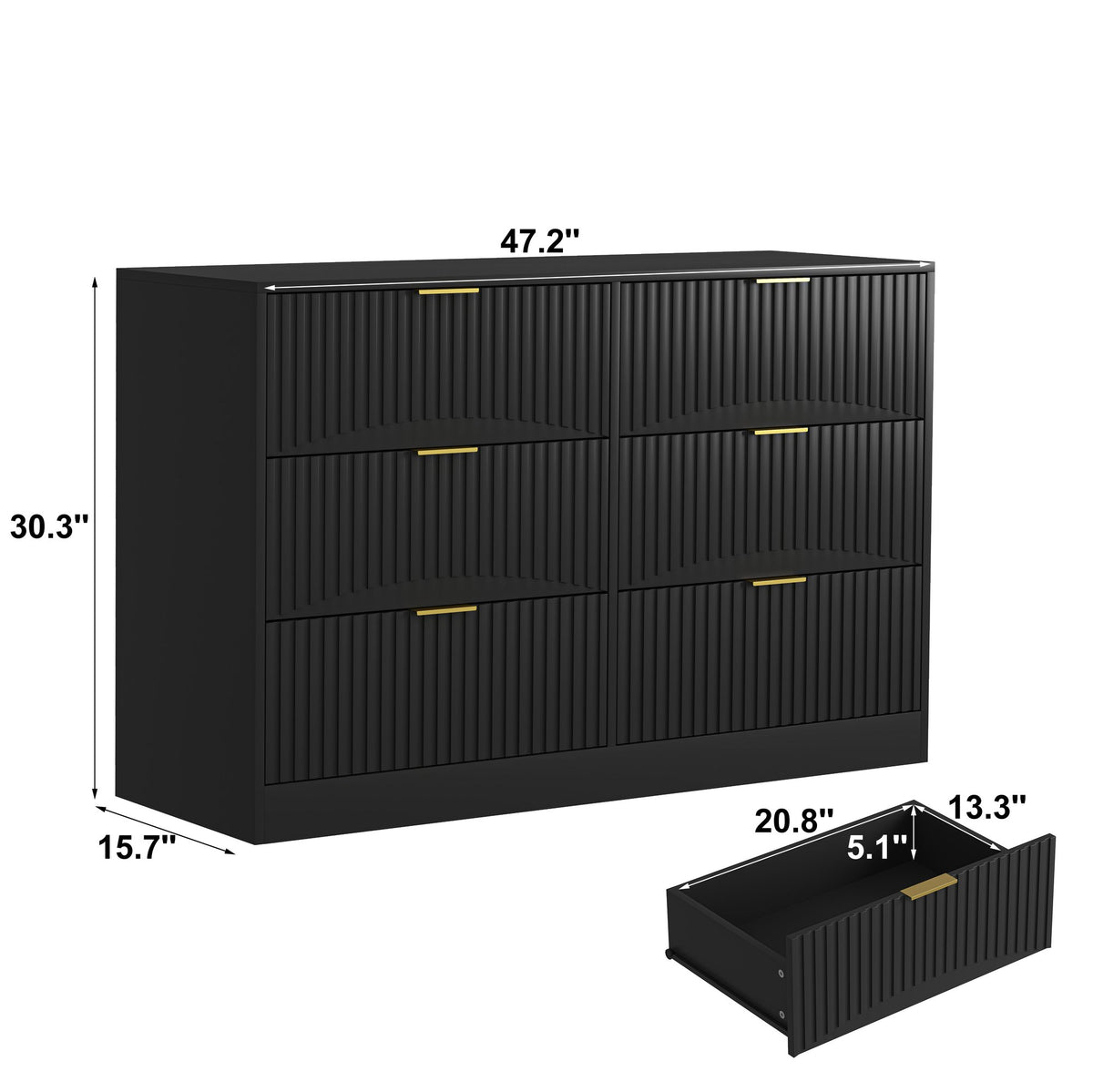 Modern 6-Drawer Dresser, Chest of Drawers, and Entryway - Large Storage Cabinet, Black, Drawer panel with wavy patterns