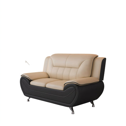 Modern Contemporary Bonded Faux Leather Living Room Sofa, Cushioned Armrest Couch with Stainless Steel Legs, Minimalist Sturdy Upholstered Furniture for Living Room Apartment,Camel & Black
