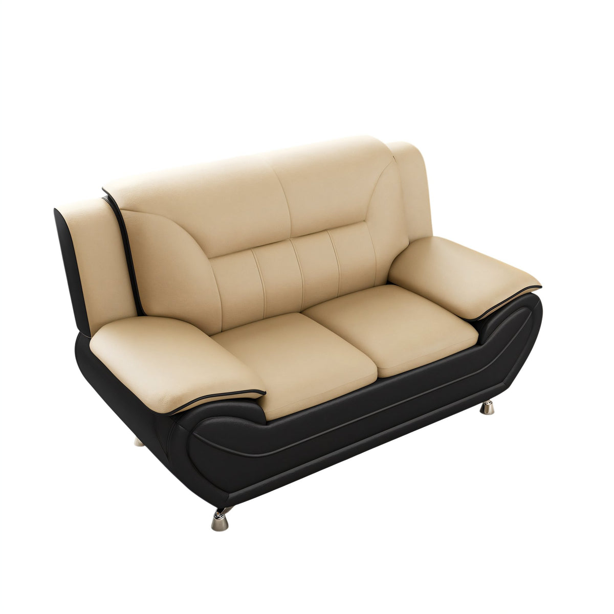 Modern Contemporary Bonded Faux Leather Living Room Sofa, Cushioned Armrest Couch with Stainless Steel Legs, Minimalist Sturdy Upholstered Furniture for Living Room Apartment,Camel & Black