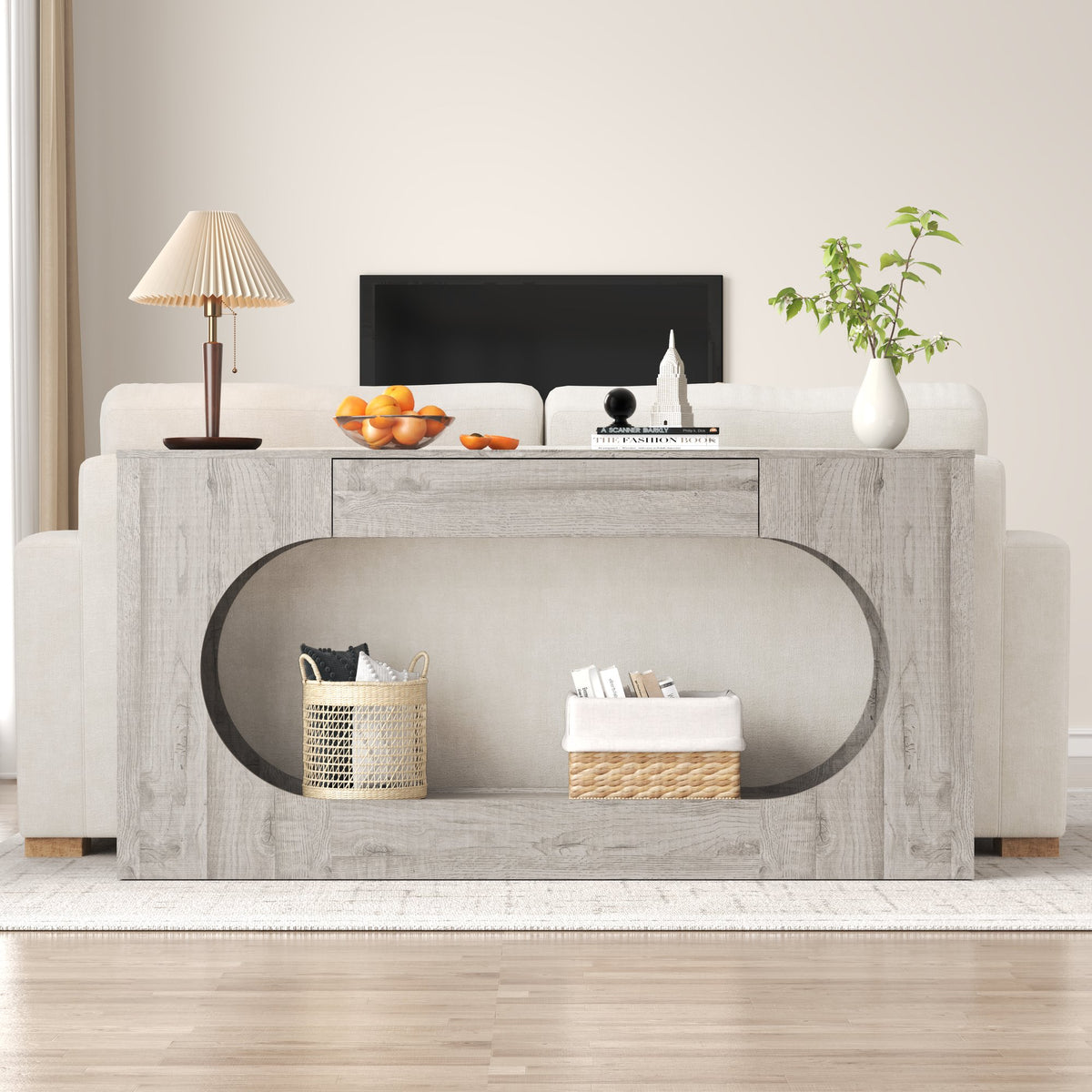 Modern Grey Wood Grain Console Table, Particle Board Entryway Table with Storage Drawer, Hollow Oval Cutout Narrow Sofa Accent Table for Hall Foyer Li