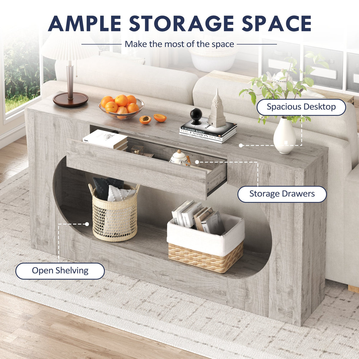 Modern Grey Wood Grain Console Table, Particle Board Entryway Table with Storage Drawer, Hollow Oval Cutout Narrow Sofa Accent Table for Hall Foyer Li