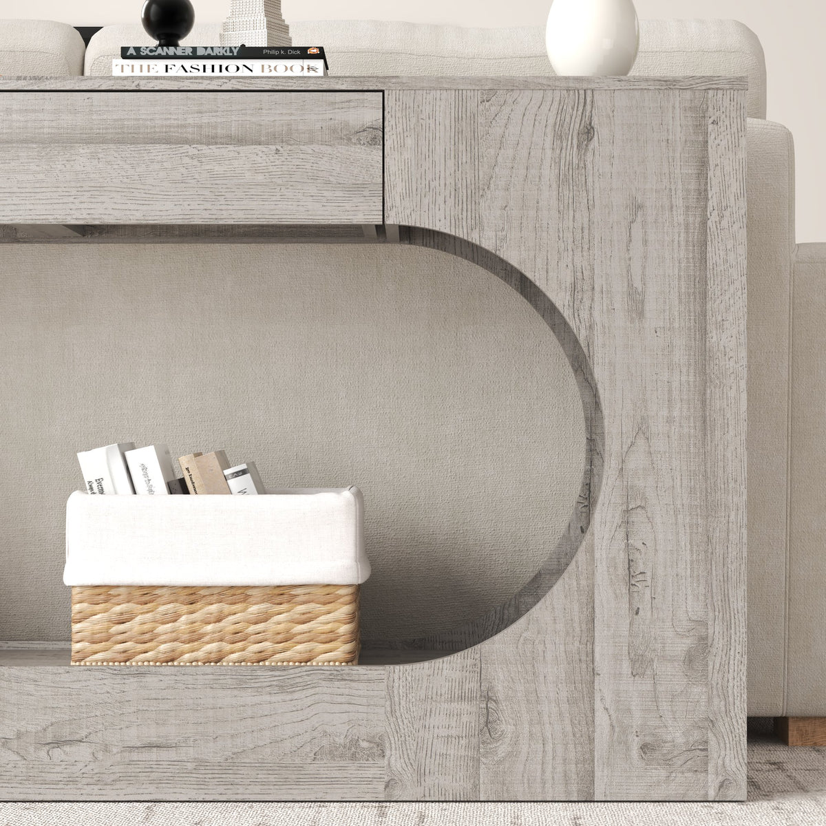 Modern Grey Wood Grain Console Table, Particle Board Entryway Table with Storage Drawer, Hollow Oval Cutout Narrow Sofa Accent Table for Hall Foyer Li