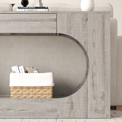 Modern Grey Wood Grain Console Table, Particle Board Entryway Table with Storage Drawer, Hollow Oval Cutout Narrow Sofa Accent Table for Hall Foyer Li