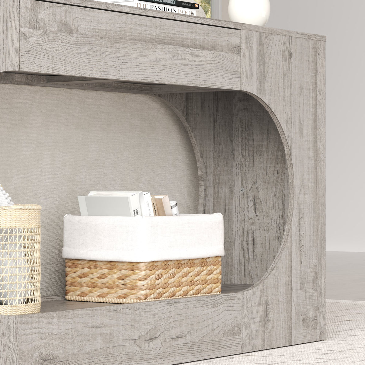 Modern Grey Wood Grain Console Table, Particle Board Entryway Table with Storage Drawer, Hollow Oval Cutout Narrow Sofa Accent Table for Hall Foyer Li