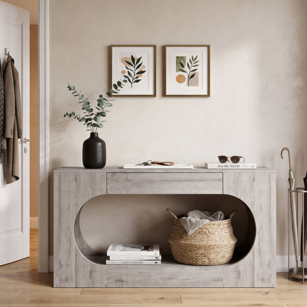 Modern Grey Wood Grain Console Table, Particle Board Entryway Table with Storage Drawer, Hollow Oval Cutout Narrow Sofa Accent Table for Hall Foyer Li