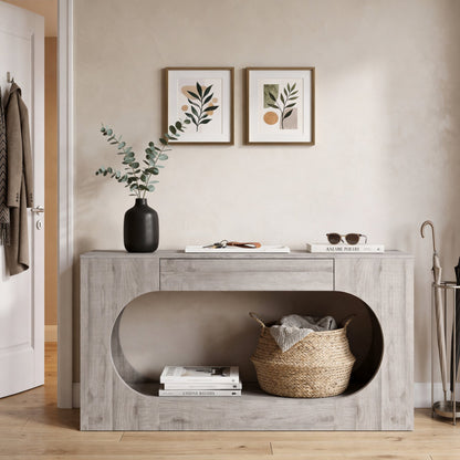 Modern Grey Wood Grain Console Table, Particle Board Entryway Table with Storage Drawer, Hollow Oval Cutout Narrow Sofa Accent Table for Hall Foyer Li