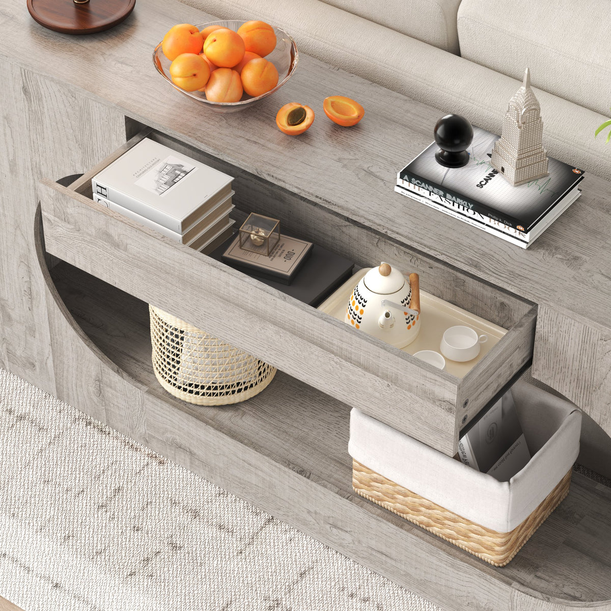 Modern Grey Wood Grain Console Table, Particle Board Entryway Table with Storage Drawer, Hollow Oval Cutout Narrow Sofa Accent Table for Hall Foyer Li